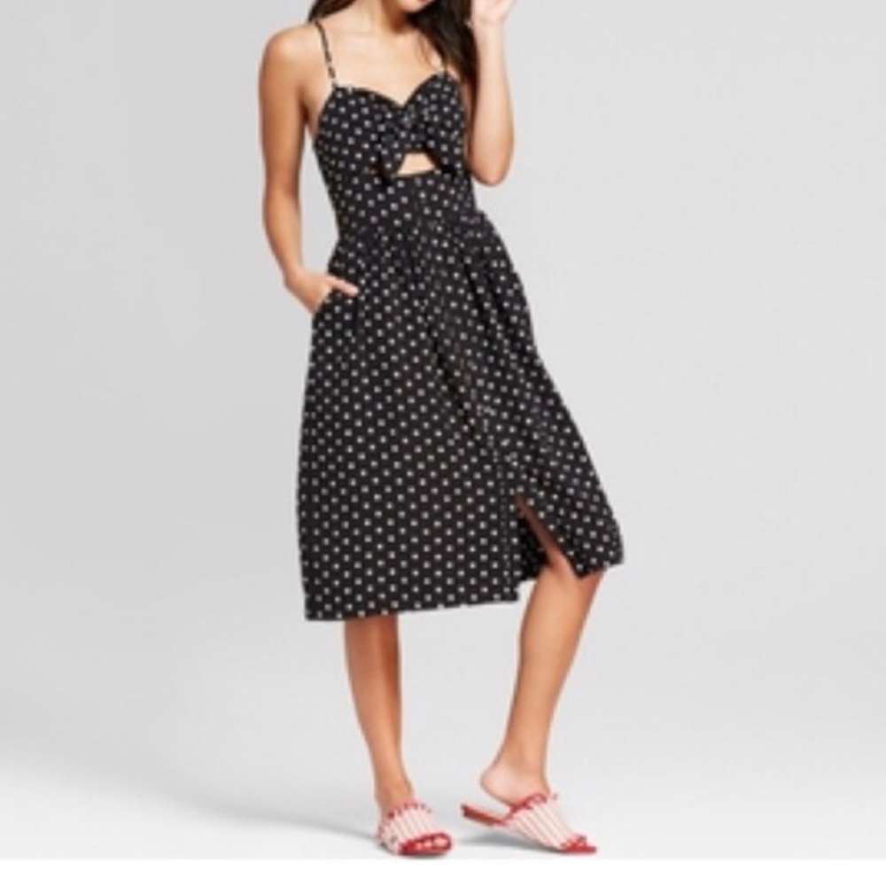 Polka Dot Button Down Knot Front Midi Dress